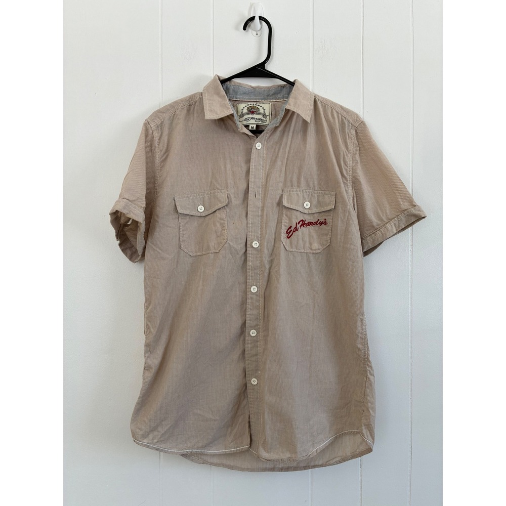 Vintage Ed Hardy Y2K "Paradise Beach"‎ Pinstripe Shirt